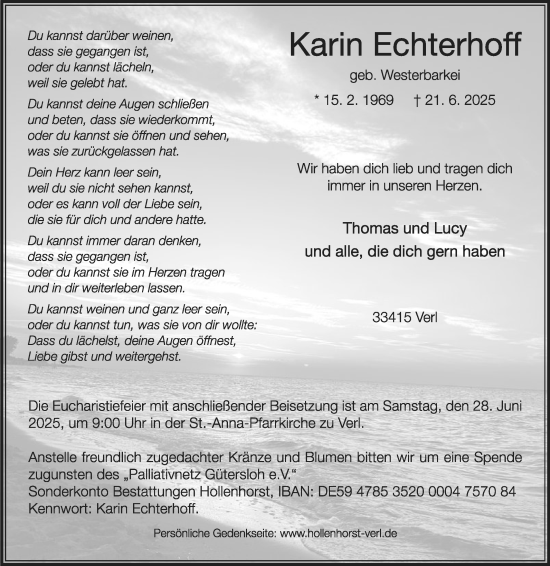 Traueranzeige von Karin Echterhoff von Die Glocke