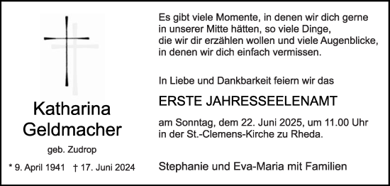 Traueranzeige von Katharina Geldmacher von Die Glocke