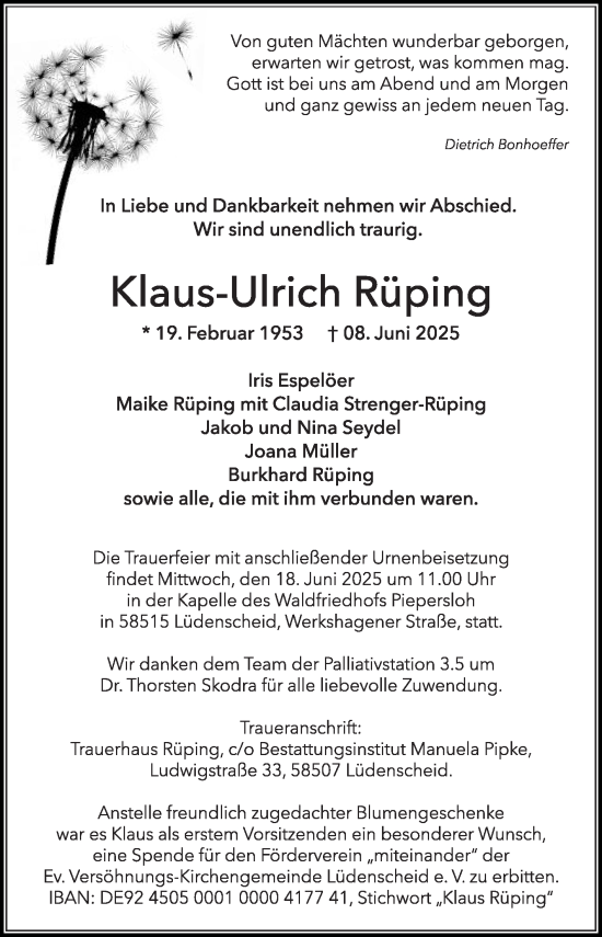 Traueranzeige von Klaus-Ulrich Rüping von Die Glocke