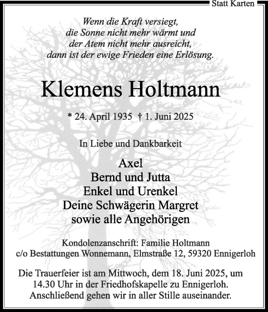 Traueranzeige von Klemens Holtmann von Die Glocke