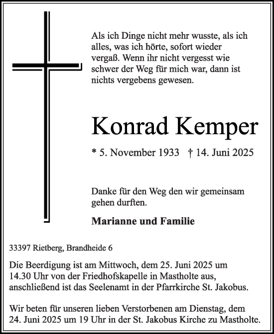 Traueranzeige von Konrad Kemper von Die Glocke