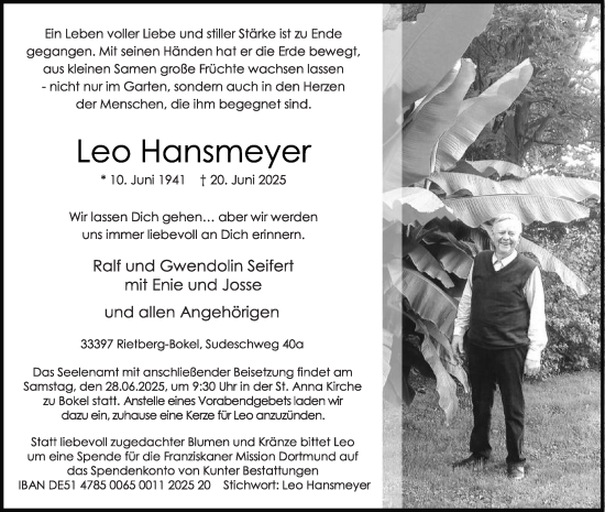 Traueranzeige von Leo Hansmeyer von Die Glocke