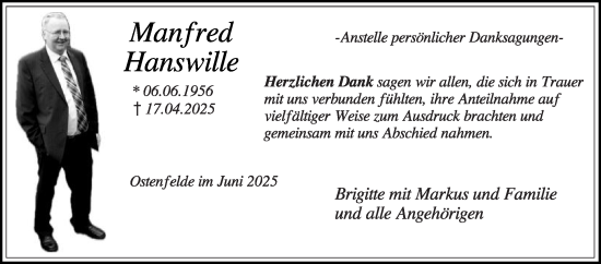 Traueranzeige von Manfred Hanswille von Die Glocke