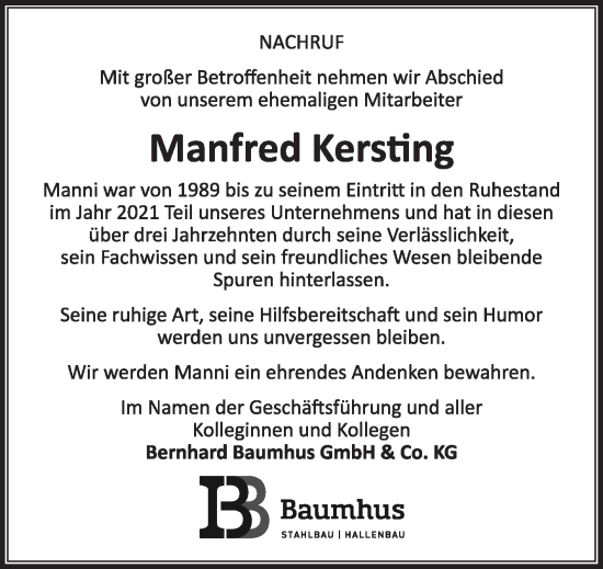 Traueranzeige von Manfred Kersting von Die Glocke