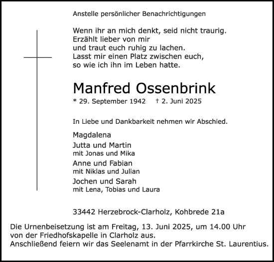 Traueranzeige von Manfred Ossenbrink von Die Glocke
