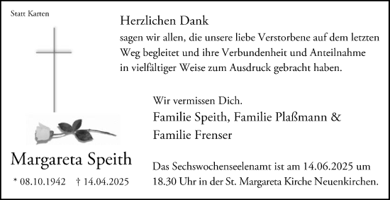 Traueranzeige von Margareta Speith von Die Glocke