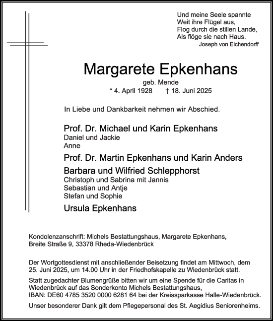 Traueranzeige von Margarete Epkenhans von Die Glocke