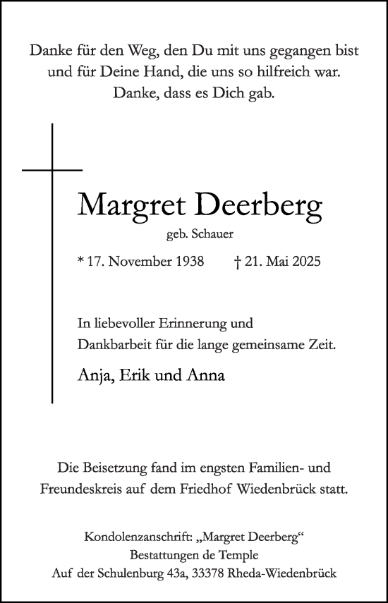 Traueranzeige von Margret Deerberg von Die Glocke