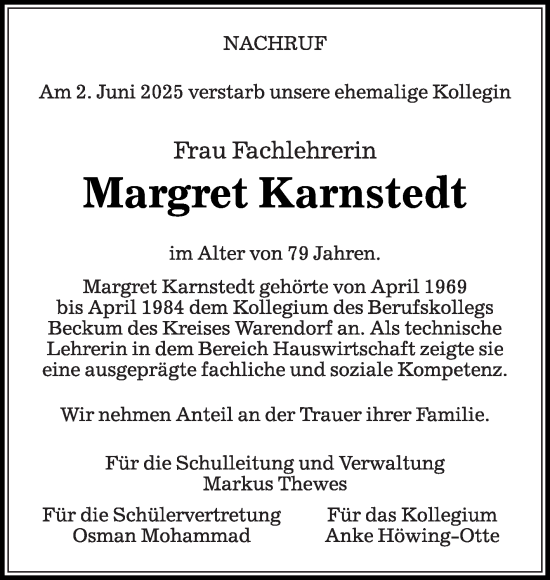 Traueranzeige von Margret Karnstedt von Die Glocke