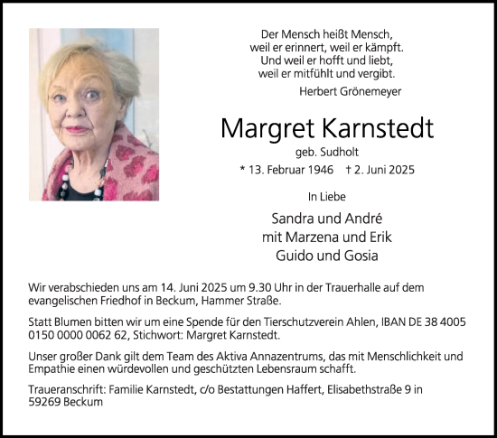 Traueranzeige von Margret Karnstedt von Die Glocke