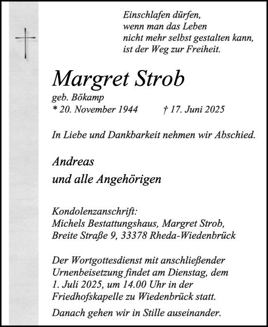 Traueranzeige von Margret Strob von Die Glocke
