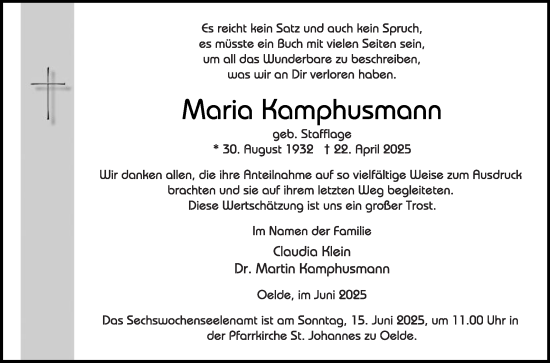 Traueranzeige von Maria Kamphusmann von Die Glocke