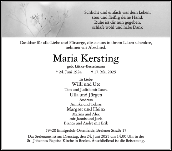 Traueranzeige von Maria Kersting von Die Glocke