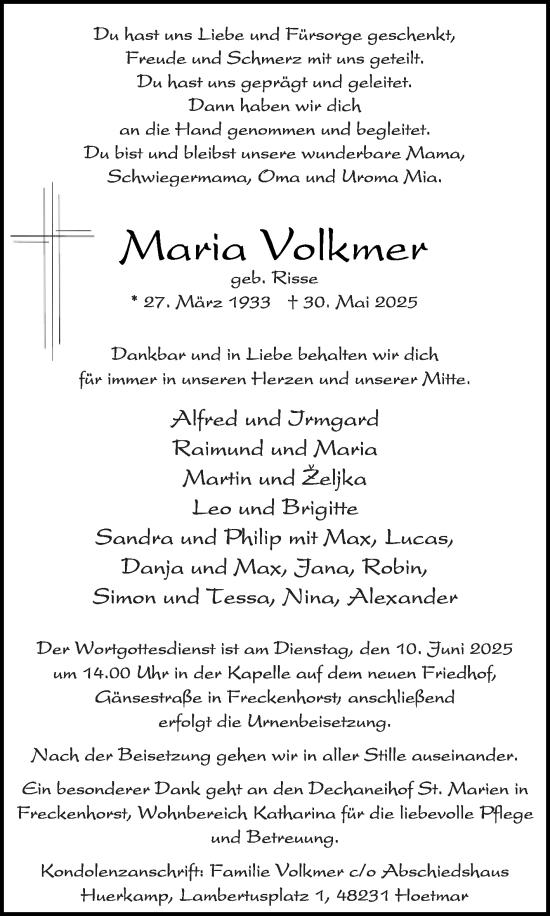 Traueranzeige von Maria Volkmer von Die Glocke