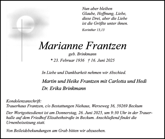 Traueranzeige von Marianne Frantzen von Die Glocke