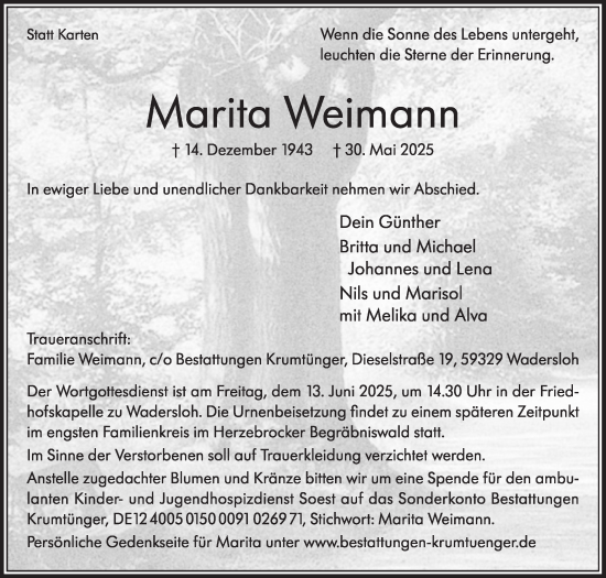 Traueranzeige von Marita Weimann von Die Glocke