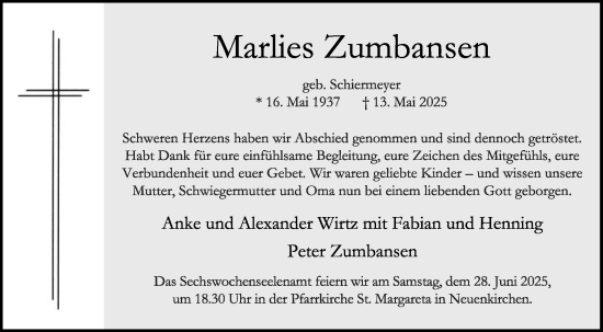 Traueranzeige von Marlies Zumbansen von Die Glocke