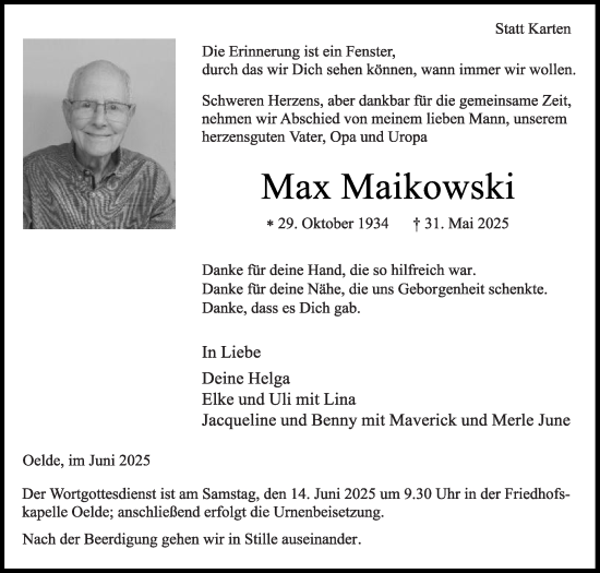 Traueranzeige von Max Maikowski von Die Glocke