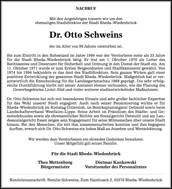 Traueranzeige von Otto Schweins von Die Glocke