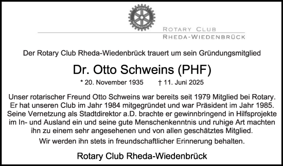 Traueranzeige von Otto Schweins von Die Glocke