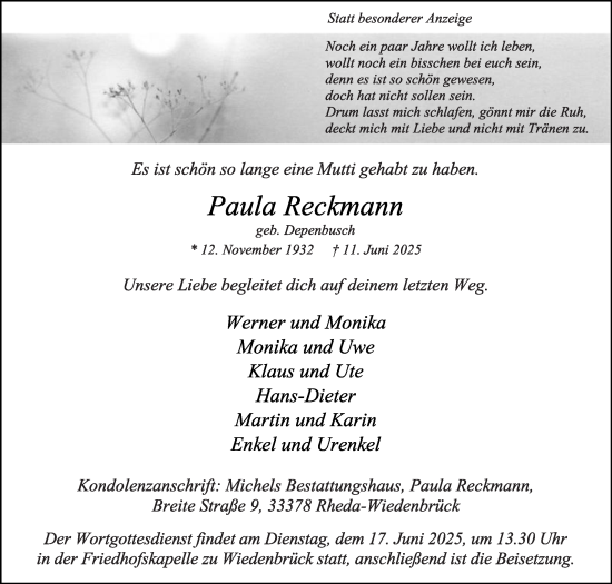 Traueranzeige von Paula Reckmann von Die Glocke