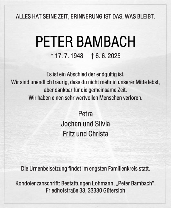 Traueranzeige von Peter Bambach von Die Glocke