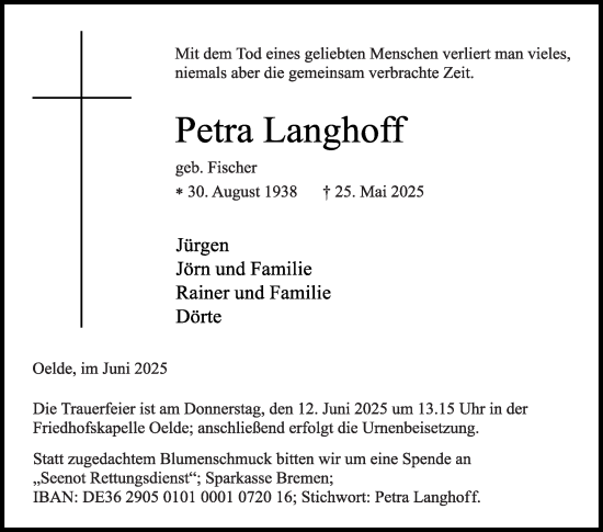 Traueranzeige von Petra Langhoff von Die Glocke
