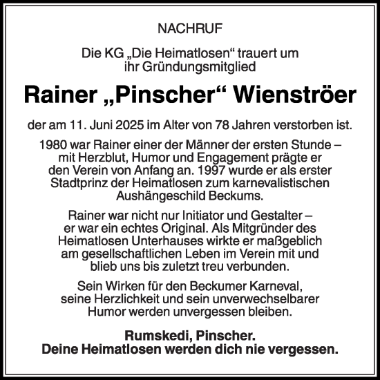Traueranzeige von Rainer Wienströer von Die Glocke