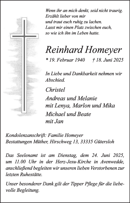 Traueranzeige von Reinhard Homeyer von Die Glocke