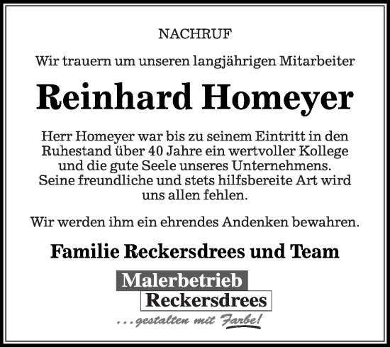 Traueranzeige von Reinhard Homeyer von Die Glocke