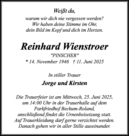 Traueranzeige von Reinhard Wienstroer von Die Glocke