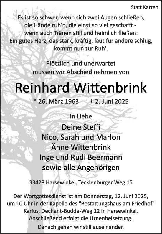 Traueranzeige von Reinhard Wittenbrink von Die Glocke