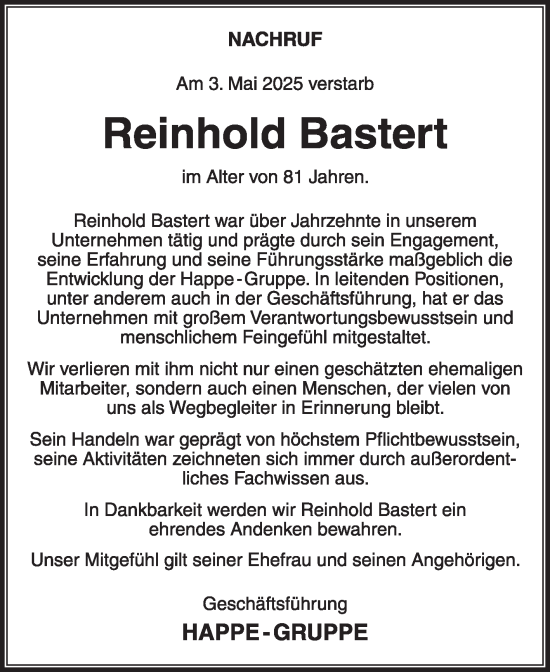 Traueranzeige von Reinhold Bastert von Die Glocke