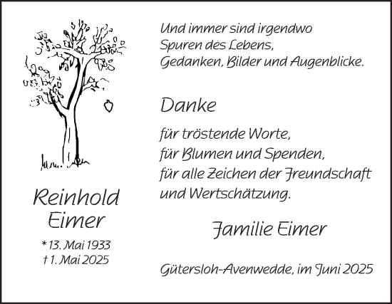 Traueranzeige von Reinhold Eimer von Die Glocke