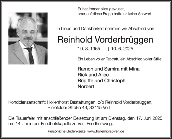 Traueranzeige von Reinhold Vorderbrüggen von Die Glocke