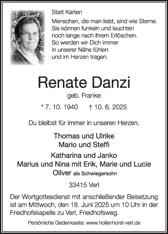 Traueranzeige von Renate Danzi von Die Glocke