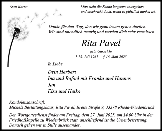 Traueranzeige von Rita Pavel von Die Glocke