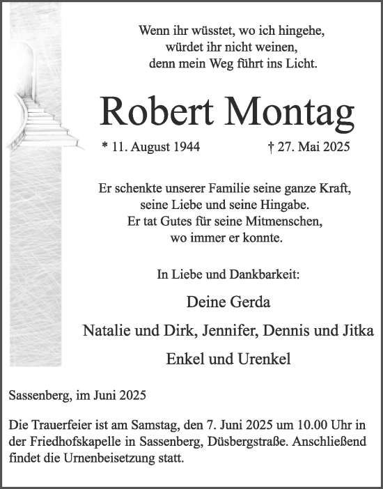 Traueranzeige von Robert Montag von Die Glocke
