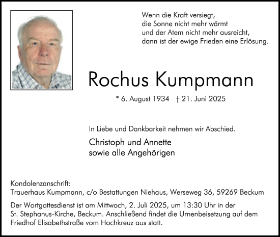 Traueranzeige von Rochus Kumpmann von Die Glocke