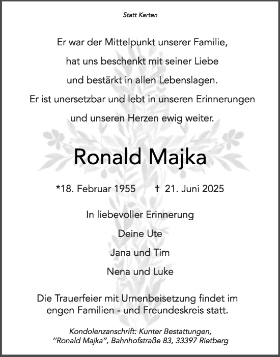 Traueranzeige von Ronald Majka von Die Glocke