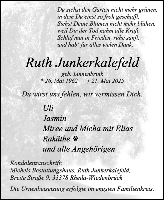 Traueranzeige von Ruth Junkerkalefeld von Die Glocke