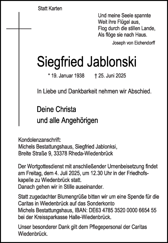 Traueranzeige von Siegfried Jablonski von Die Glocke