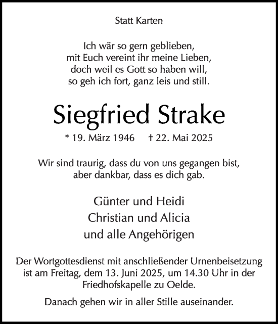 Traueranzeige von Siegfried Strake von Die Glocke