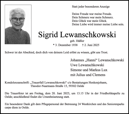 Traueranzeige von Sigrid Lewanschkowski von Die Glocke