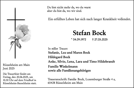 Traueranzeige von Stefan Bock von Die Glocke