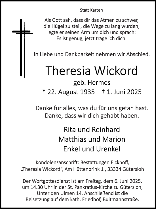 Traueranzeige von Theresia Wickord von Die Glocke
