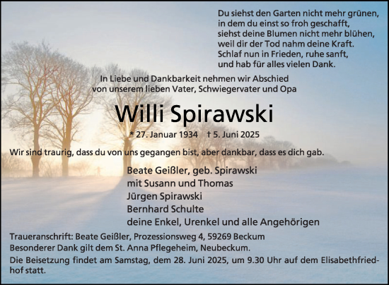 Traueranzeige von Villi Spirawski von Die Glocke