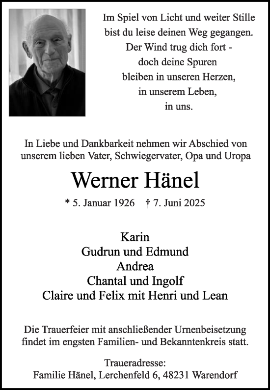 Traueranzeige von Werner Hänel von Die Glocke