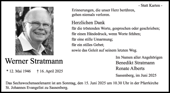 Traueranzeige von Werner Stratmann von Die Glocke