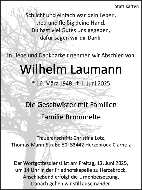 Traueranzeige von Wilhelm Laumann von Die Glocke